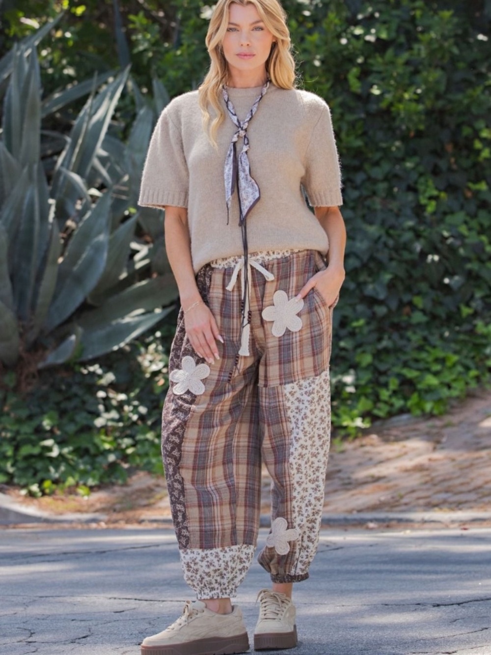 New Easel Los Angeles Jogger Pants Plaid Floral Oversized Baggy Fit Mixed Media - Picture 3 of 6